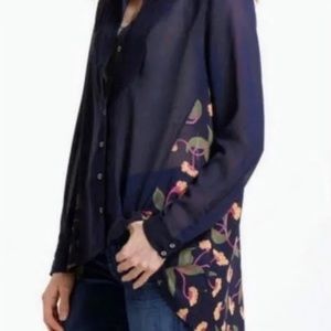 Maeve X Anthropologie Sheer Navy Ira Pleated Button Down Blouse- Size 4